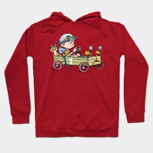 boy in a wooden cart and a cat imagines that he is in a racing car Hoodie